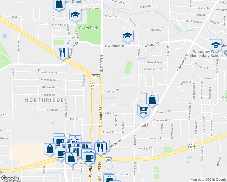 map of restaurants, bars, coffee shops, grocery stores, and more near 117 Coronado Drive in Denton