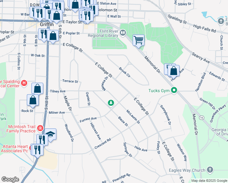 map of restaurants, bars, coffee shops, grocery stores, and more near 648 McLaurin Street in Griffin