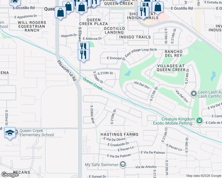 map of restaurants, bars, coffee shops, grocery stores, and more near 23044 South 208th Street in Queen Creek