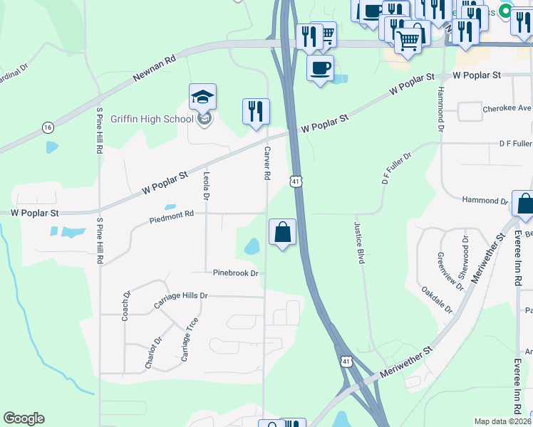 map of restaurants, bars, coffee shops, grocery stores, and more near 400 Carver Road in Griffin