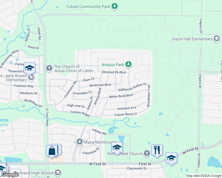 map of restaurants, bars, coffee shops, grocery stores, and more near 16220 Stillhouse Hollow Court in Prosper