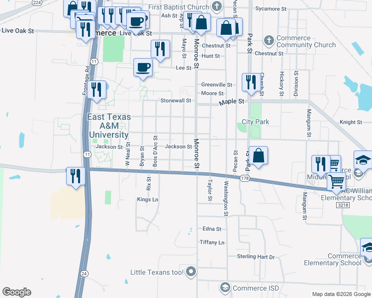 map of restaurants, bars, coffee shops, grocery stores, and more near 2504 Mayo Street in Commerce