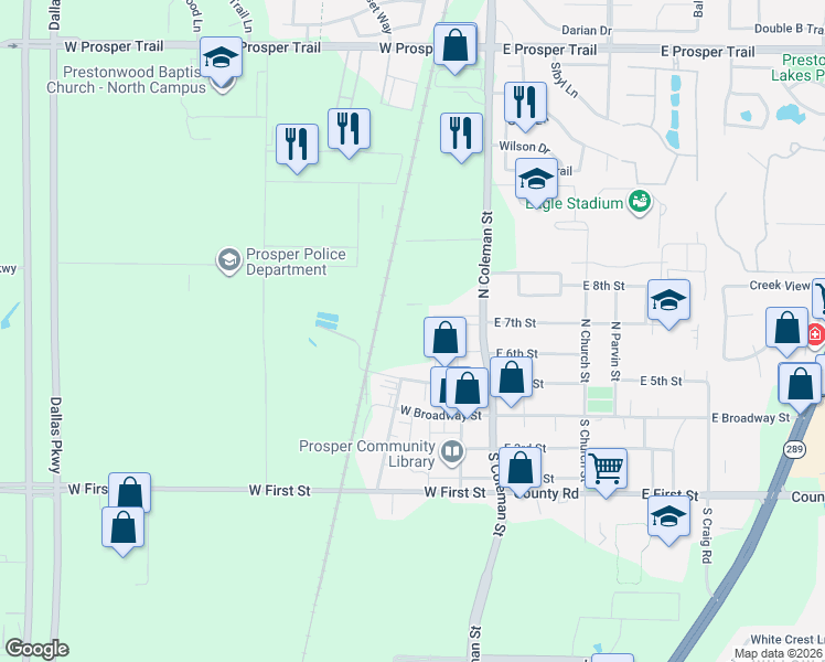 map of restaurants, bars, coffee shops, grocery stores, and more near 408-498 West 5th Street in Prosper