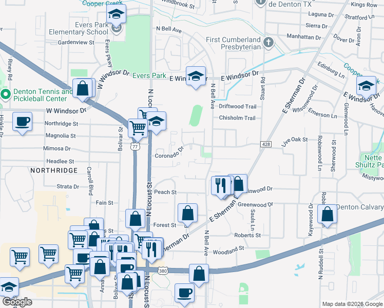 map of restaurants, bars, coffee shops, grocery stores, and more near 300 Coronado Drive in Denton