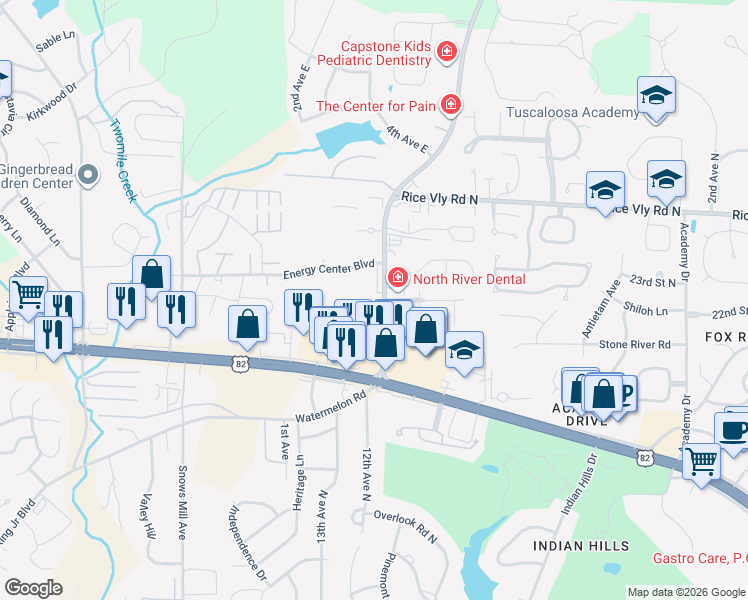 map of restaurants, bars, coffee shops, grocery stores, and more near 3519 Watermelon Road in Northport