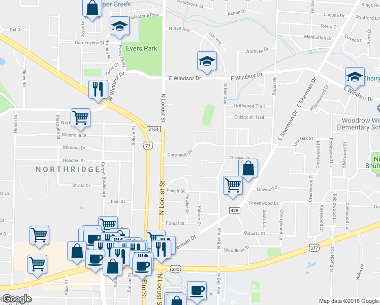map of restaurants, bars, coffee shops, grocery stores, and more near 226 Coronado Drive in Denton