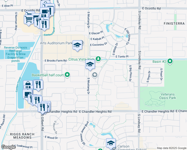 map of restaurants, bars, coffee shops, grocery stores, and more near 4600 Bright Angel Way in Chandler