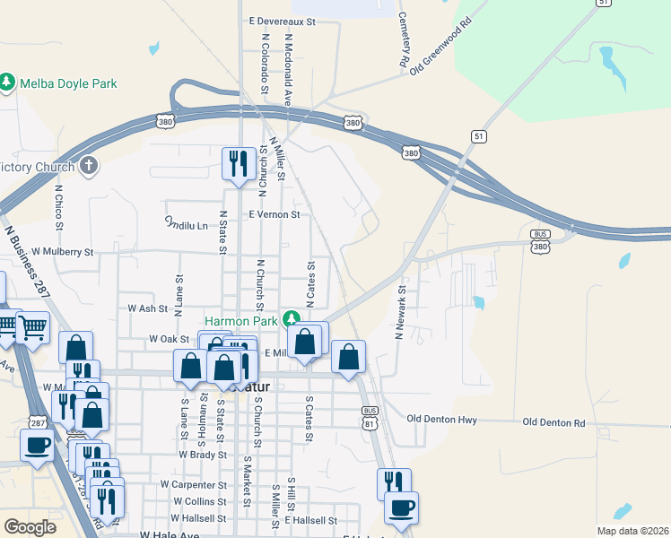 map of restaurants, bars, coffee shops, grocery stores, and more near 610 North Cates Street in Decatur