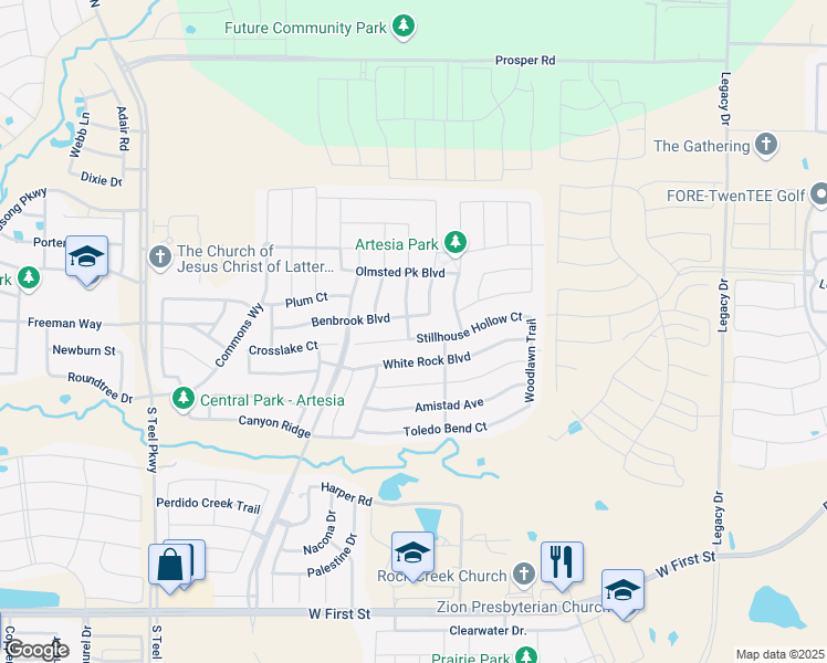 map of restaurants, bars, coffee shops, grocery stores, and more near 16405 Stillhouse Hollow Court in Prosper