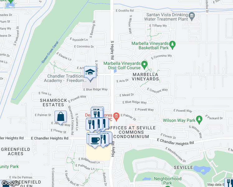 map of restaurants, bars, coffee shops, grocery stores, and more near 3226 East Mead Drive in Gilbert