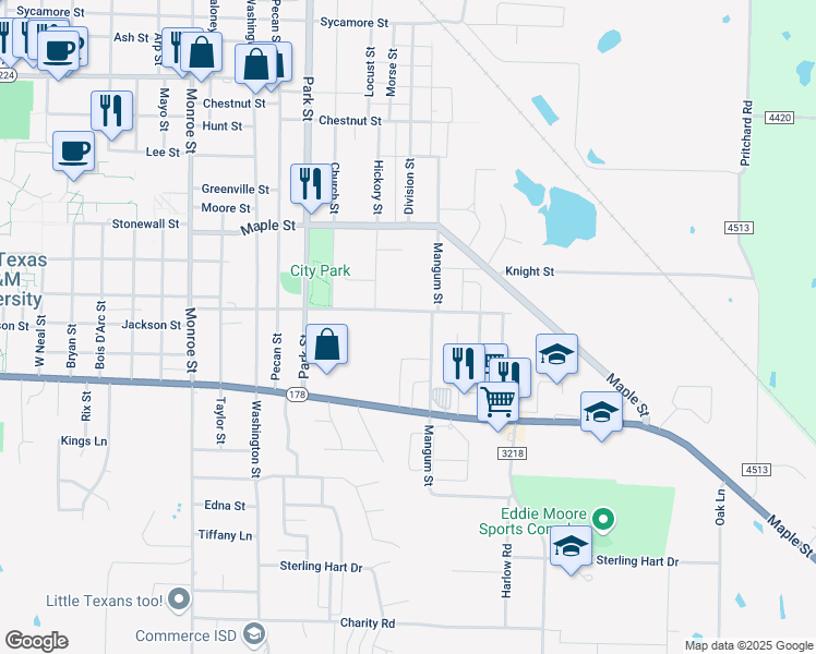 map of restaurants, bars, coffee shops, grocery stores, and more near 2534 Mangum Street in Commerce