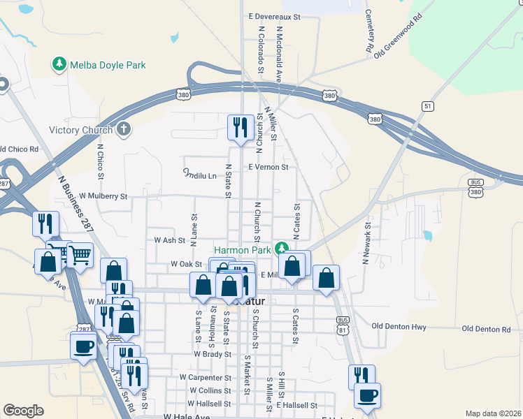 map of restaurants, bars, coffee shops, grocery stores, and more near 603 North Church Street in Decatur