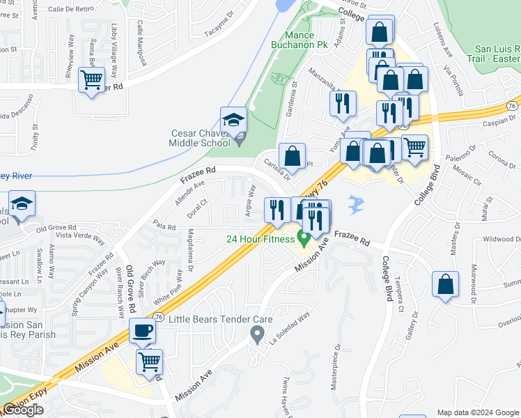 map of restaurants, bars, coffee shops, grocery stores, and more near 4769 Adler Way in Oceanside