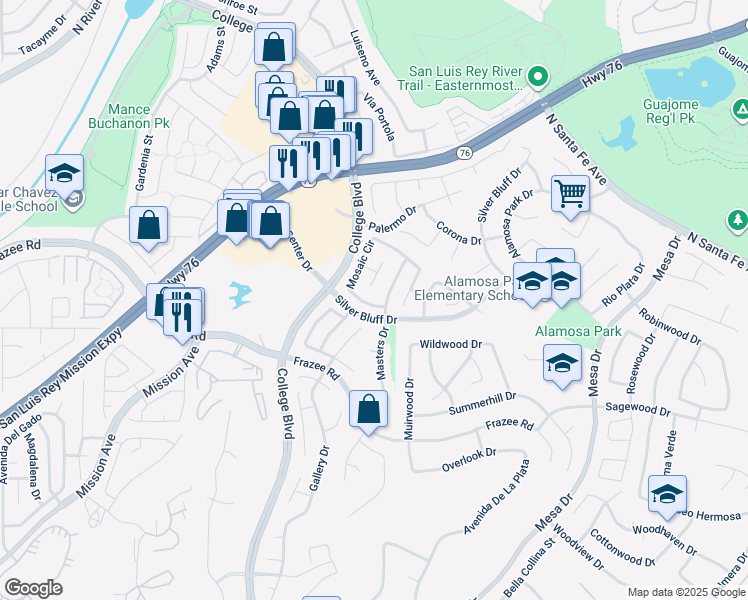 map of restaurants, bars, coffee shops, grocery stores, and more near 838 Mosaic Circle in Oceanside