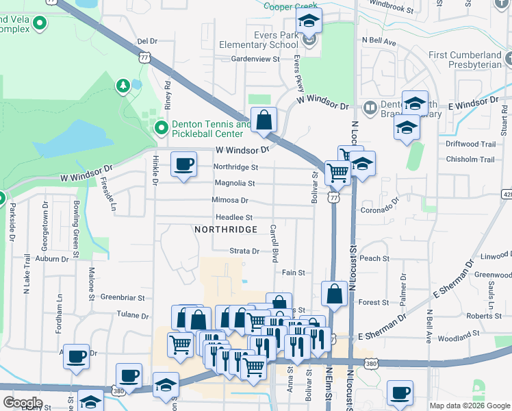 map of restaurants, bars, coffee shops, grocery stores, and more near 425 Mimosa Drive in Denton