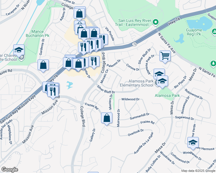 map of restaurants, bars, coffee shops, grocery stores, and more near 838 Mosaic Circle in Oceanside