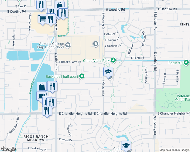 map of restaurants, bars, coffee shops, grocery stores, and more near 3415 East Mead Drive in Chandler