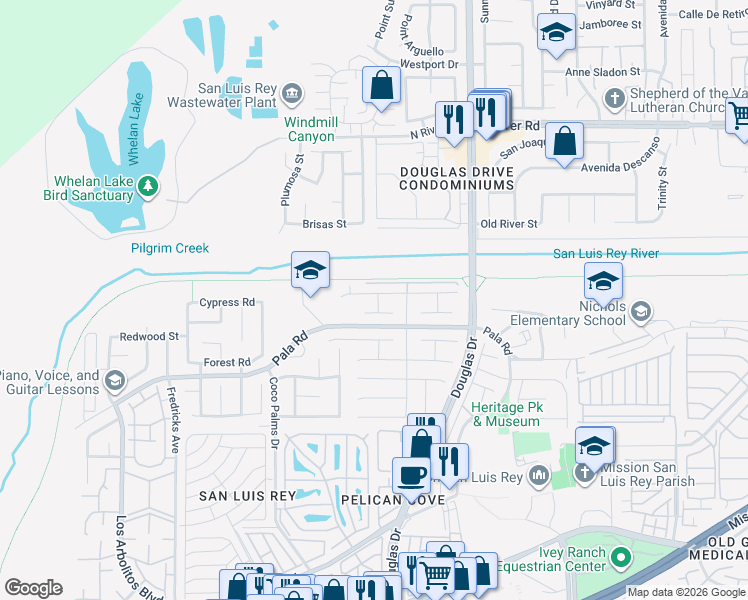 map of restaurants, bars, coffee shops, grocery stores, and more near 3909 Posada Court in Oceanside