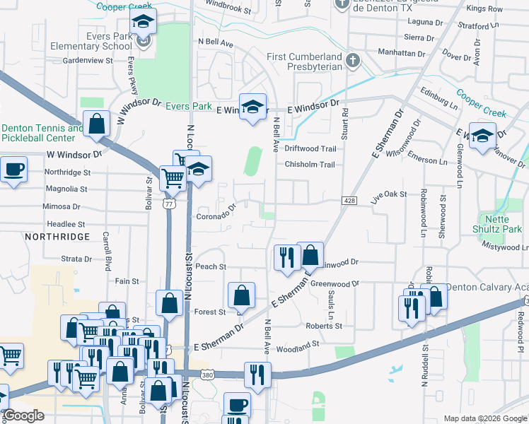 map of restaurants, bars, coffee shops, grocery stores, and more near 300 Coronado Drive in Denton