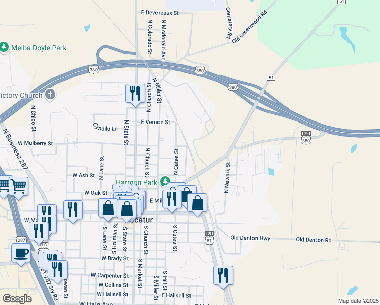 map of restaurants, bars, coffee shops, grocery stores, and more near 610 North Cates Street in Decatur