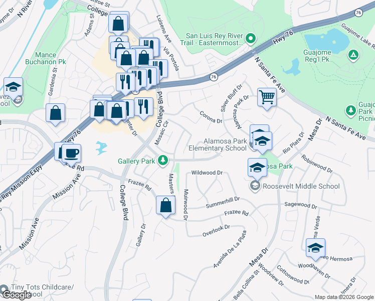 map of restaurants, bars, coffee shops, grocery stores, and more near 649 Mosaic Circle in Oceanside