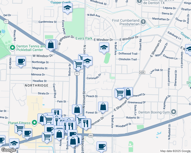 map of restaurants, bars, coffee shops, grocery stores, and more near 220 Coronado Drive in Denton