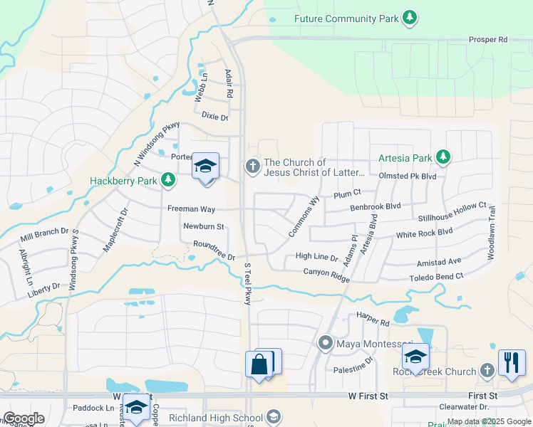 map of restaurants, bars, coffee shops, grocery stores, and more near 15509 Crosslake Court in Prosper