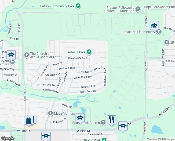 map of restaurants, bars, coffee shops, grocery stores, and more near 16506 Stillhouse Hollow Court in Prosper