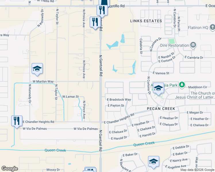 map of restaurants, bars, coffee shops, grocery stores, and more near 39582 North Kelly Lane in Queen Creek