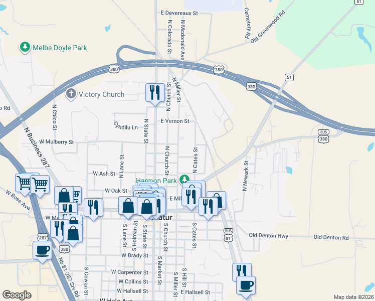 map of restaurants, bars, coffee shops, grocery stores, and more near 302 East Cottonwood Street in Decatur