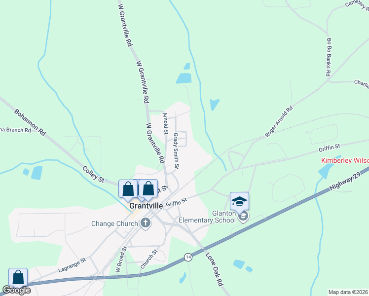 map of restaurants, bars, coffee shops, grocery stores, and more near 58 Grady Smith Street in Grantville