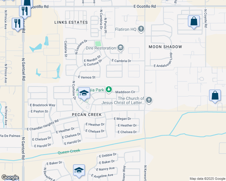 map of restaurants, bars, coffee shops, grocery stores, and more near 1414 Maddison Circle in Queen Creek