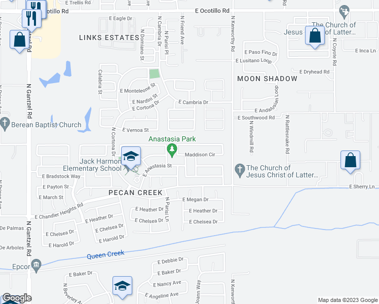 map of restaurants, bars, coffee shops, grocery stores, and more near 1496 East Maddison Circle in San Tan Valley