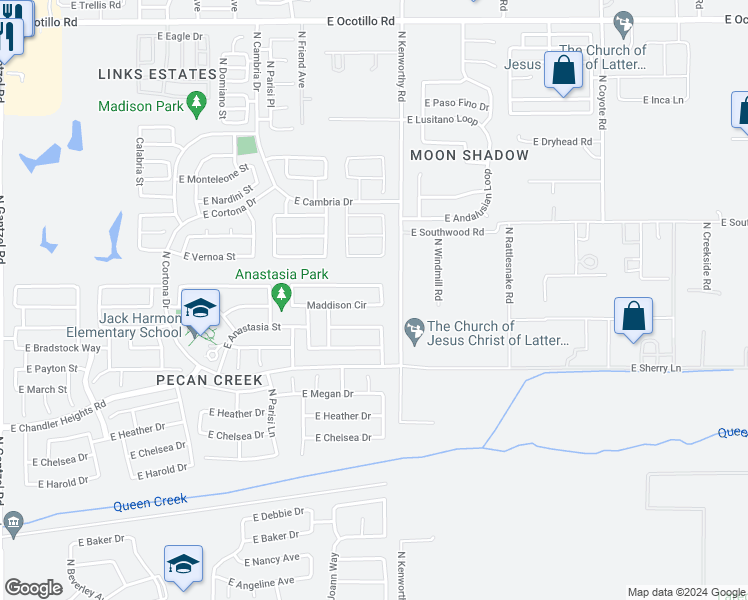 map of restaurants, bars, coffee shops, grocery stores, and more near 1730 Maddison Circle in San Tan Valley