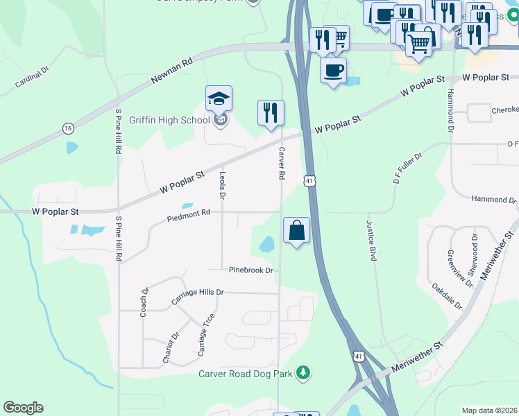map of restaurants, bars, coffee shops, grocery stores, and more near 1614 Piedmont Road in Griffin