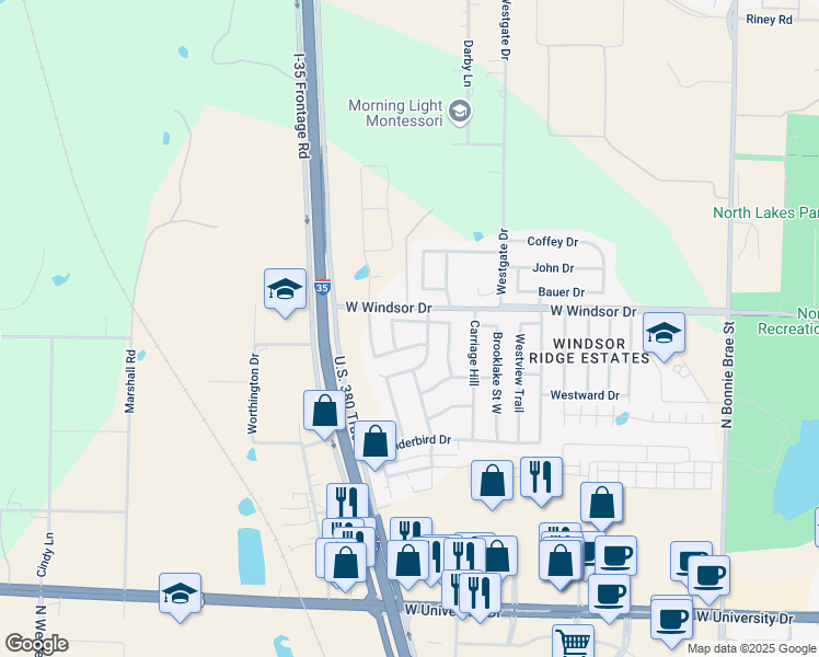 map of restaurants, bars, coffee shops, grocery stores, and more near 2905 Savill Garden Drive in Denton