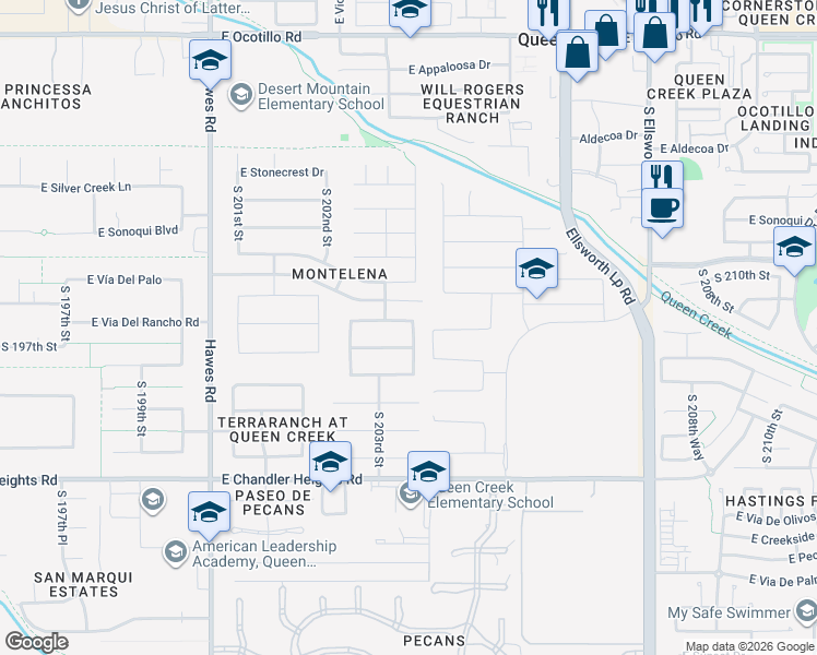 map of restaurants, bars, coffee shops, grocery stores, and more near 20395 East Via Del Rancho in Queen Creek