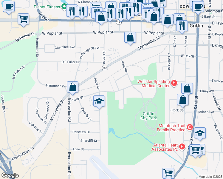 map of restaurants, bars, coffee shops, grocery stores, and more near 721 English Street in Griffin