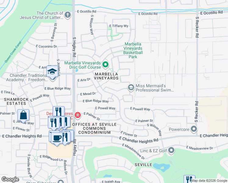 map of restaurants, bars, coffee shops, grocery stores, and more near 3436 East Casa Mader Drive in Gilbert