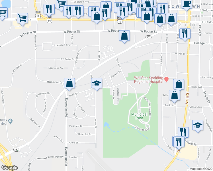map of restaurants, bars, coffee shops, grocery stores, and more near 811 Scales Street in Griffin