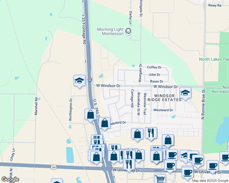 map of restaurants, bars, coffee shops, grocery stores, and more near 2905 Savill Garden Drive in Denton