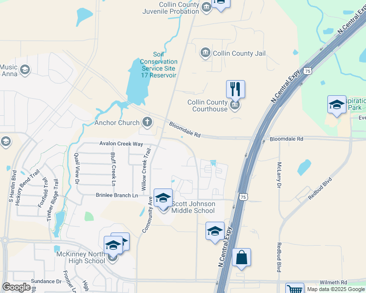 map of restaurants, bars, coffee shops, grocery stores, and more near 3901 James Pitts Drive in McKinney