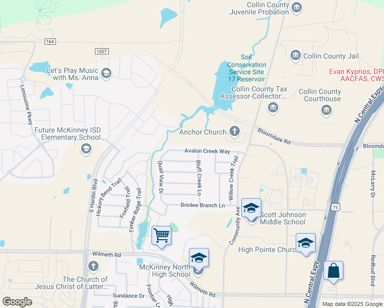 map of restaurants, bars, coffee shops, grocery stores, and more near 2509 Avalon Creek Way in McKinney