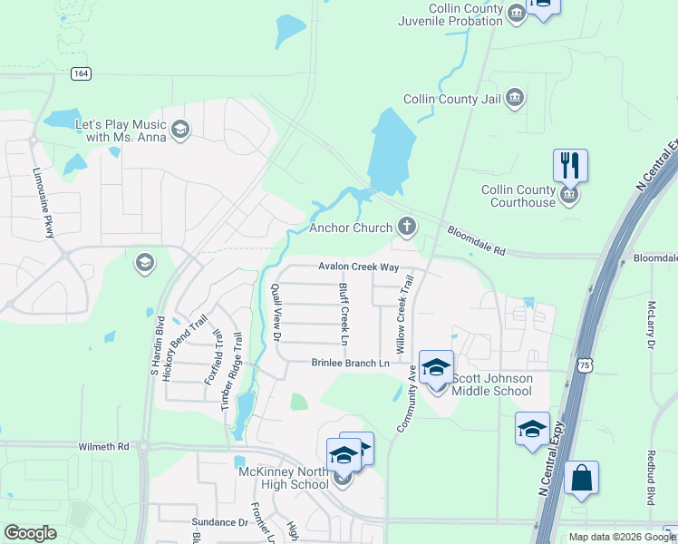 map of restaurants, bars, coffee shops, grocery stores, and more near 2517 Clear Brook Drive in McKinney
