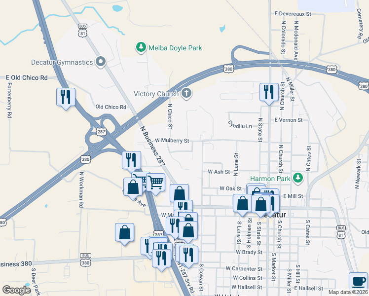 map of restaurants, bars, coffee shops, grocery stores, and more near 604 Valleyridge Court in Decatur