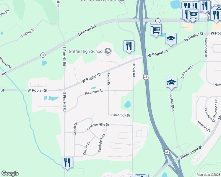 map of restaurants, bars, coffee shops, grocery stores, and more near 403 Leola Drive in Griffin