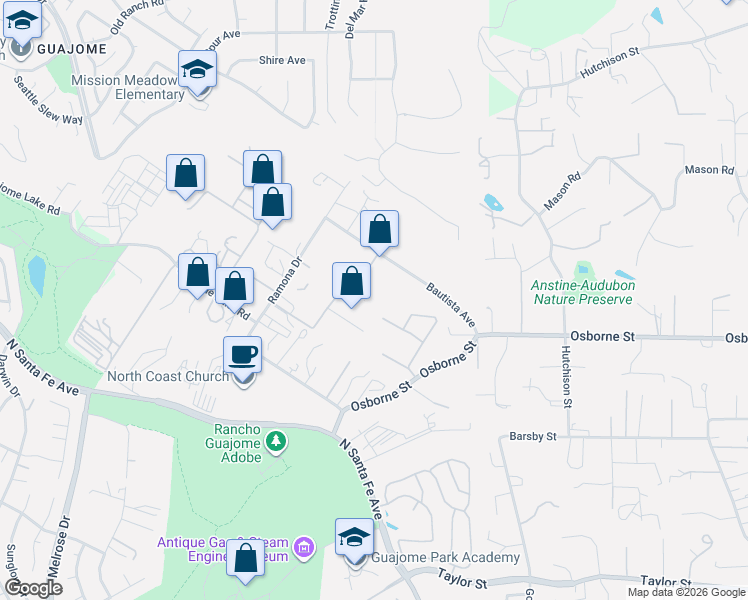 map of restaurants, bars, coffee shops, grocery stores, and more near 2278 Bautista Avenue in Vista