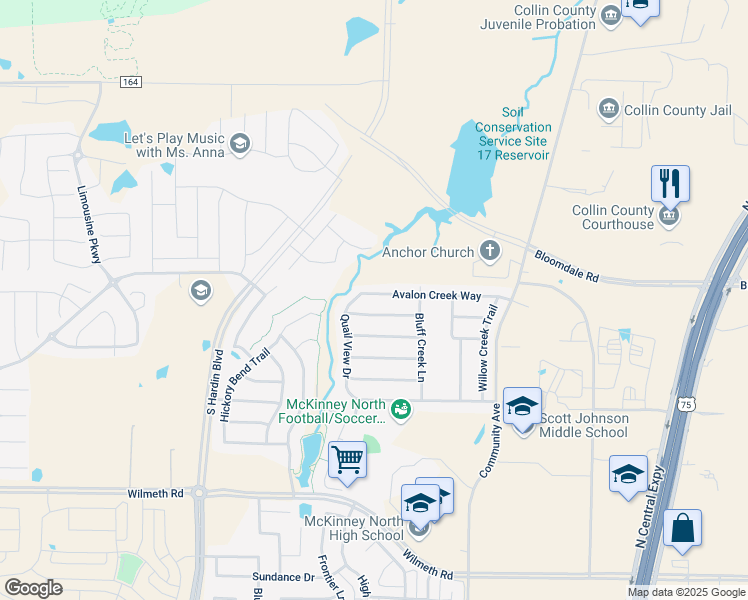 map of restaurants, bars, coffee shops, grocery stores, and more near 2609 Avalon Creek Way in McKinney