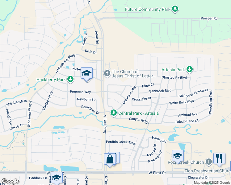 map of restaurants, bars, coffee shops, grocery stores, and more near Governors Island Way in Prosper