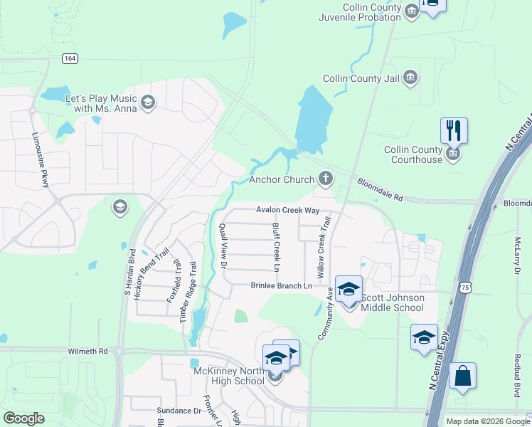 map of restaurants, bars, coffee shops, grocery stores, and more near 2509 Avalon Creek Way in McKinney